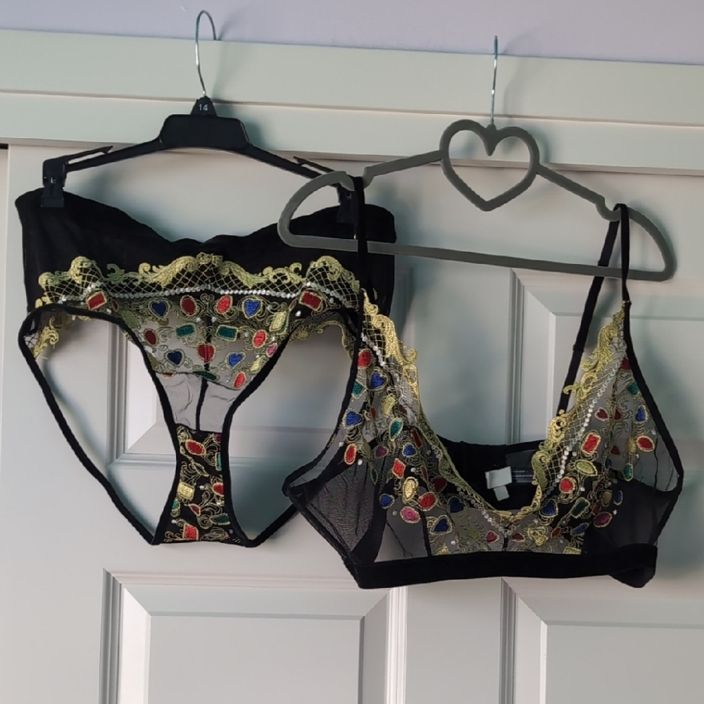 Kilo Brava Black and Gold Jewel Embroidered Bra and Backless Panties Set